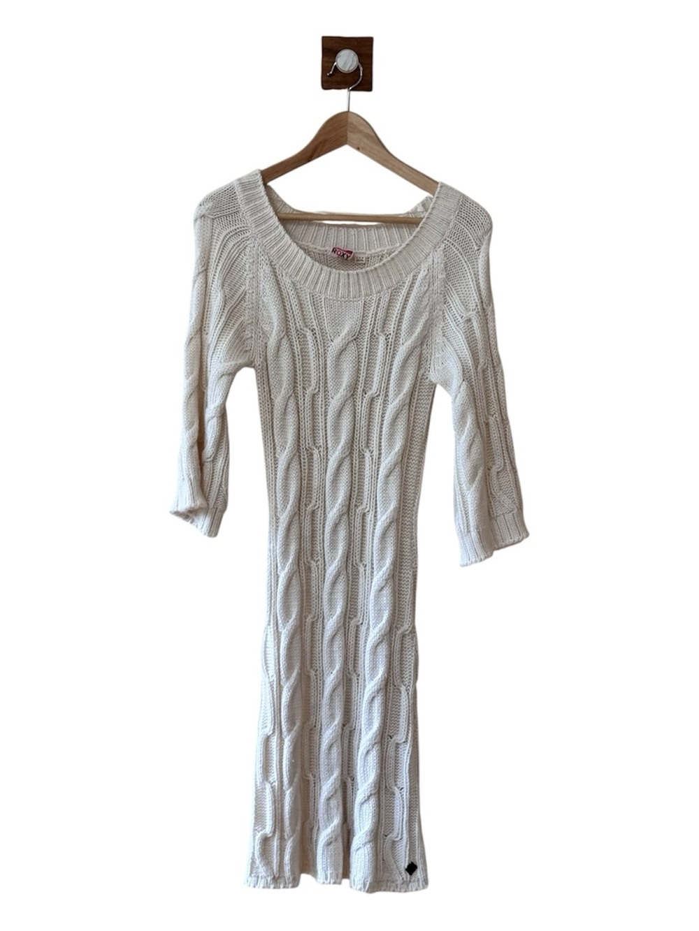 Roxy Cable Knit Winter White Sweater Dress- Wool Blend Size Large